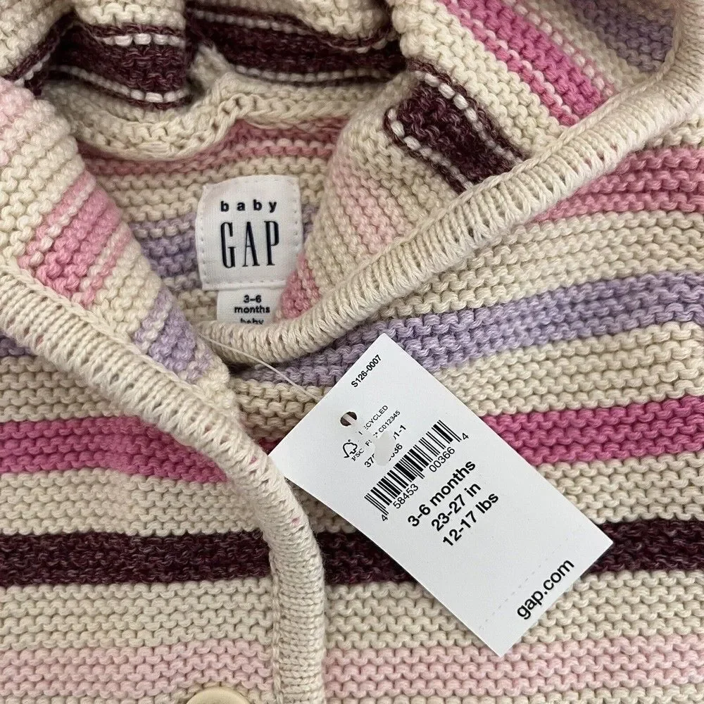 Baby Gap Garter Sweater Cardigan Pink Purple Striped Girls Size 3-6 Months NWT